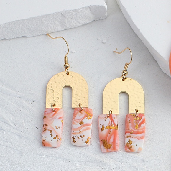 Horseshoe Gold Foil Flecked Polymer Clay Drop Pink and Gold Earrings - Picture 3 of 4